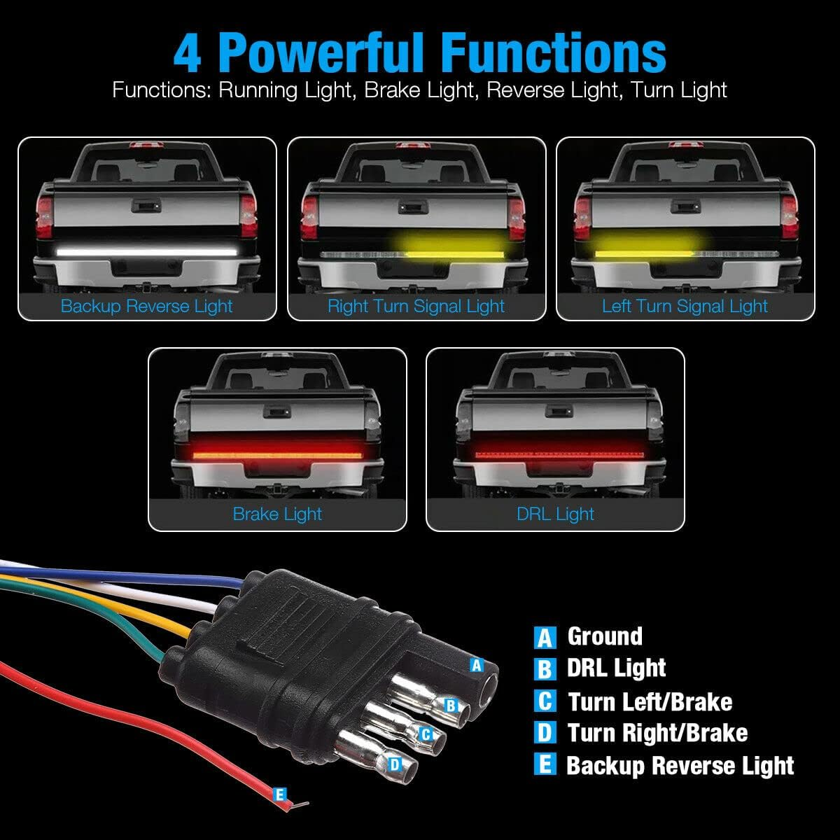 60In LED Tailgate Light Bar Strip for Pickup Truck 3-Color Red White Yellow Switchback, Sequential Turn Signal, Reverse, Brake, Tail Light Kit image number 4