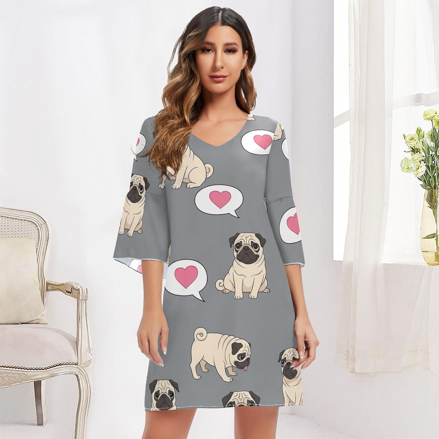 Cute Pugs Heart Gray Chiffon V Neck Dress Printed Line Maternity Dress image number 3