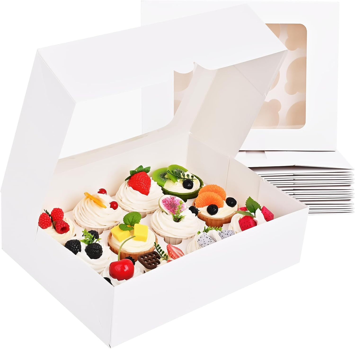 12PCS Cupcake Boxes, White Cupcake Containers 12 Count with Window, Cupcake Holder, Food Grade Treat Boxes for Holiday, Wedding, Birthday Party, Bakery Supplies image number 6