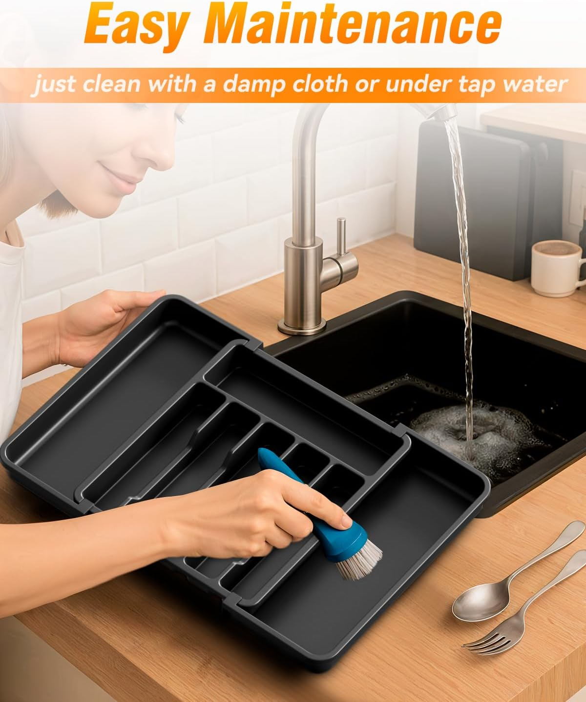 Billord Cutlery Drawer Organiser Tray - Large Kitchen Utensil Drawer Organisers, Expandable Kitchen Draw Organizer Adjustable 33-57Cm for Silverware and Flatware Holder, Plastic Storage Dividers image number 3