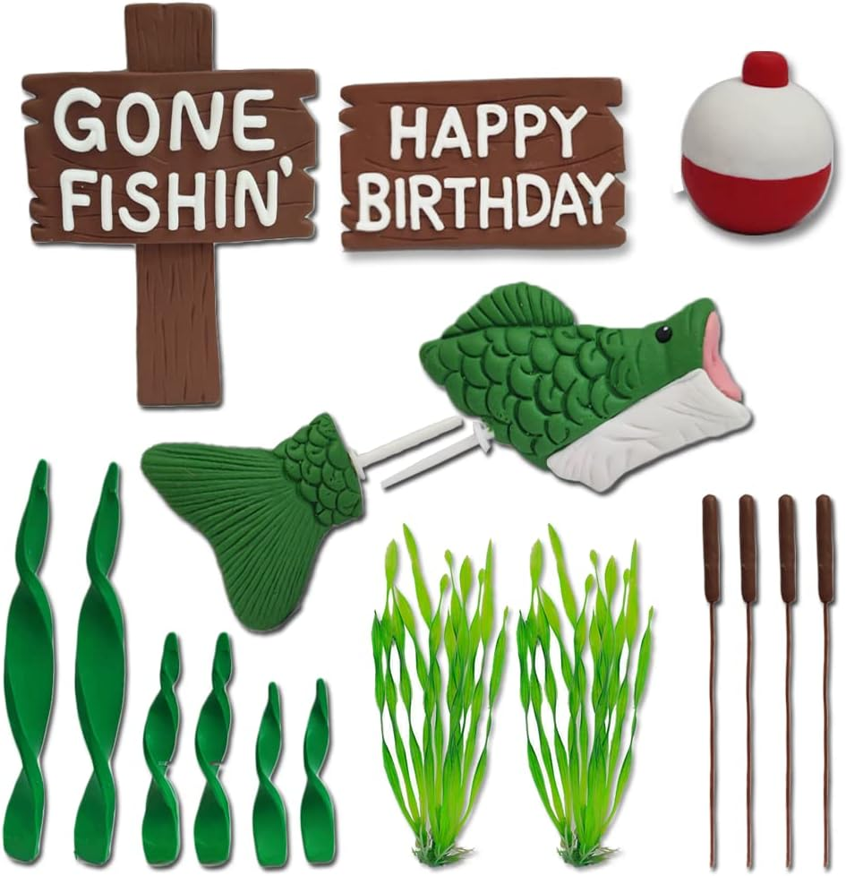 Fishing Cake Topper Gone Fishing Cake with Bass Reed Happy Birthday Sign - Colorful image number 3