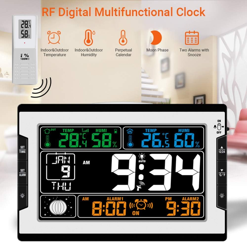 Indoor Temperature Humidity Digital Multifunctional Clock Thermo-Hygrometer with Large Color Display Backlight Perpetual Calendar Phase Alarm RF Function Table Wall Mount image number 4