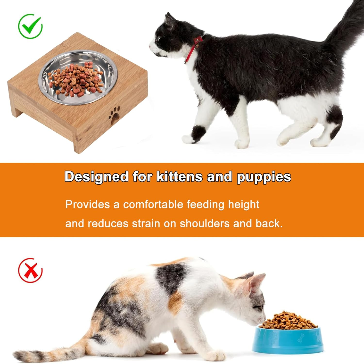 Esenlong Pet Feeding Bowl, Elevated Cat Feeding Bowl, Non-Slip Stainless Steel Feeding Bowl with Bamboo Wood Stand for Cats and Dogs (Single Bowl) image number 4