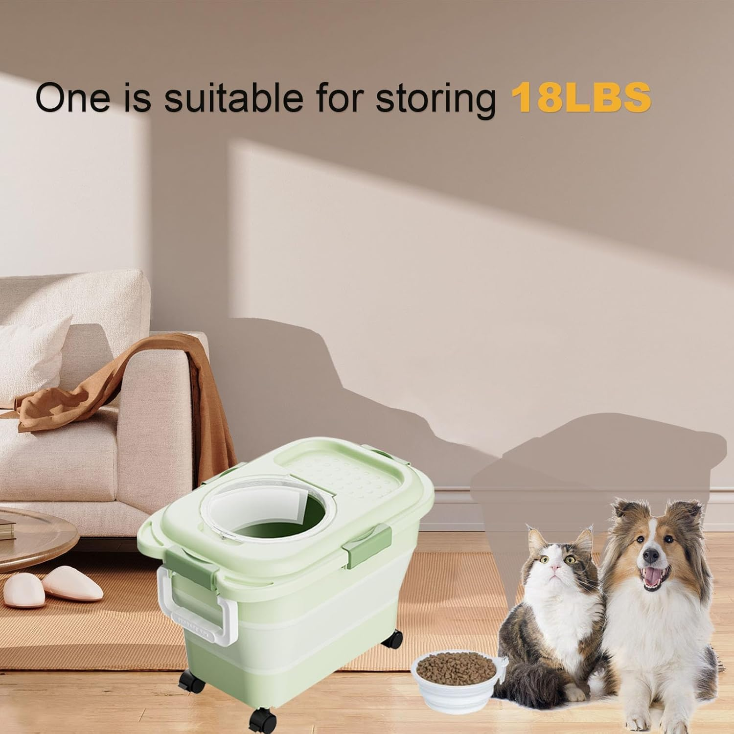 Collapsible Dog Food Storage Container (5-20 Lb), Airtight Pet Food Bin with Lid, Measuring Cups, Rolling Wheels & Handles, Keep Dry Food Fresh for Dogs, Cats, Birds, Easy to Move & Store, Green image number 3