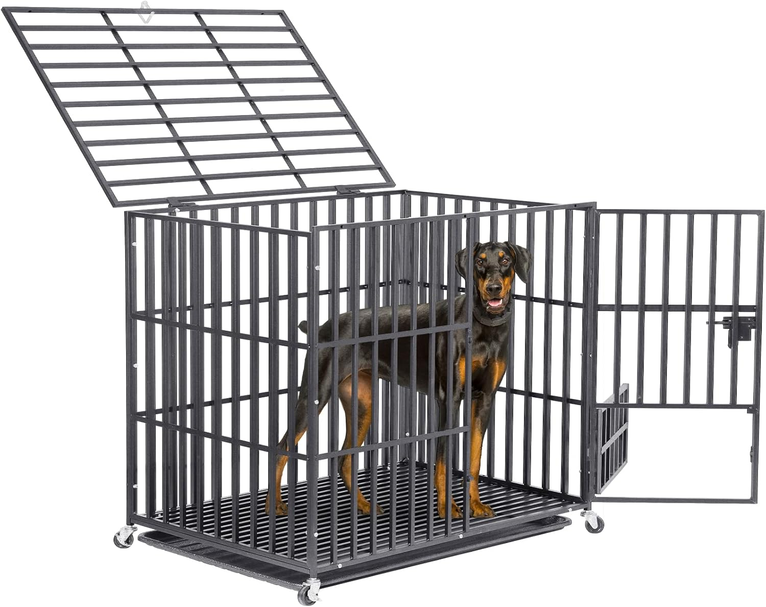 Bingopaw Heavy Duty Dog Crate: 46 Inch Extra Large Pet Cage on Wheels with Tear Resistant Square Tube - Metal Military Puppy Cages with 2 Prevent Escape Lock and Tray XXL (117X84X86.5Cm) image number 6