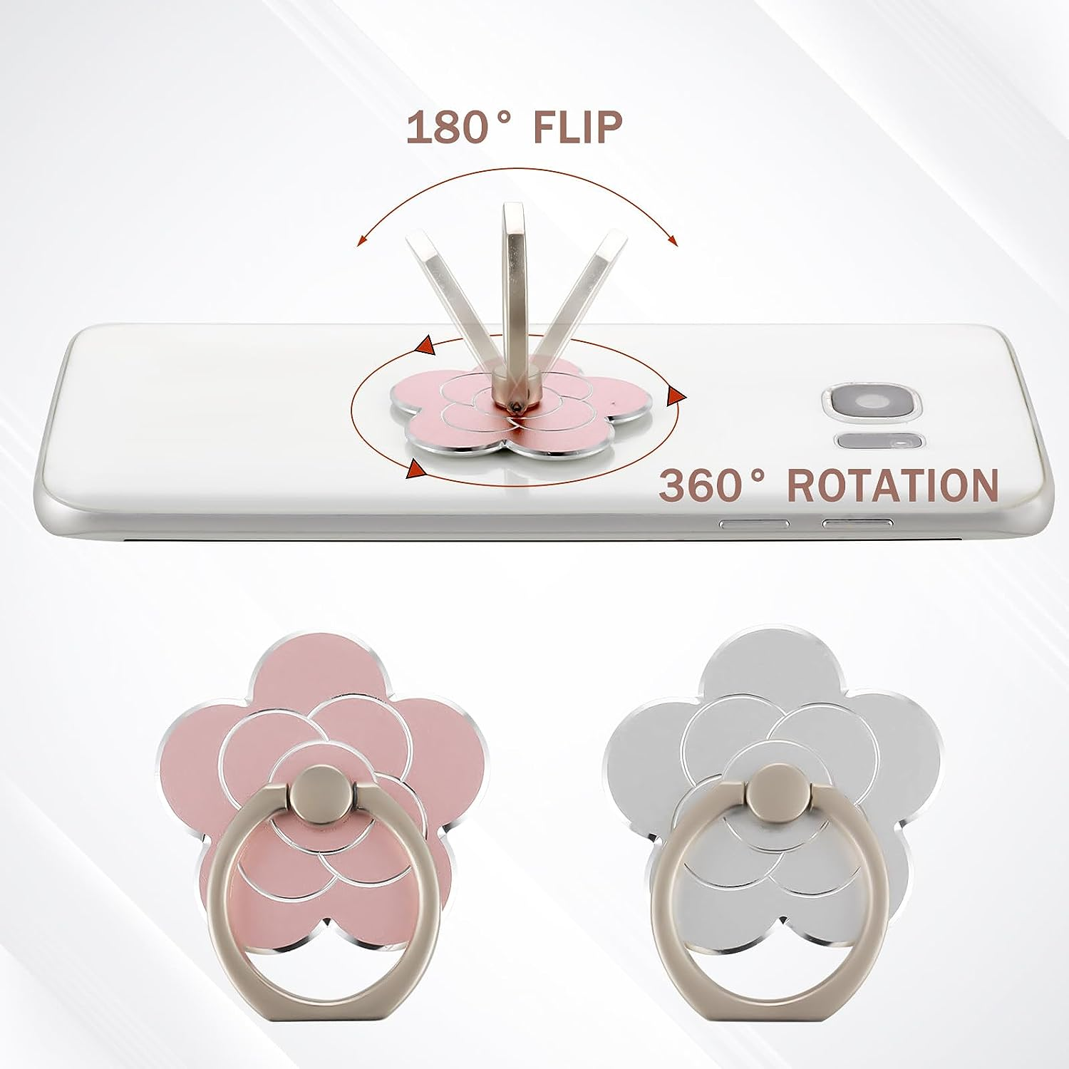 Sibba 2Pcs Phone Ring Holder Kickstand Cellphone Flower Finger Ring Grips Stand Metal Universal Accessories Compatible with Smartphone, Mobile Phones, Phone Case (Silver, Rose Gold) image number 1