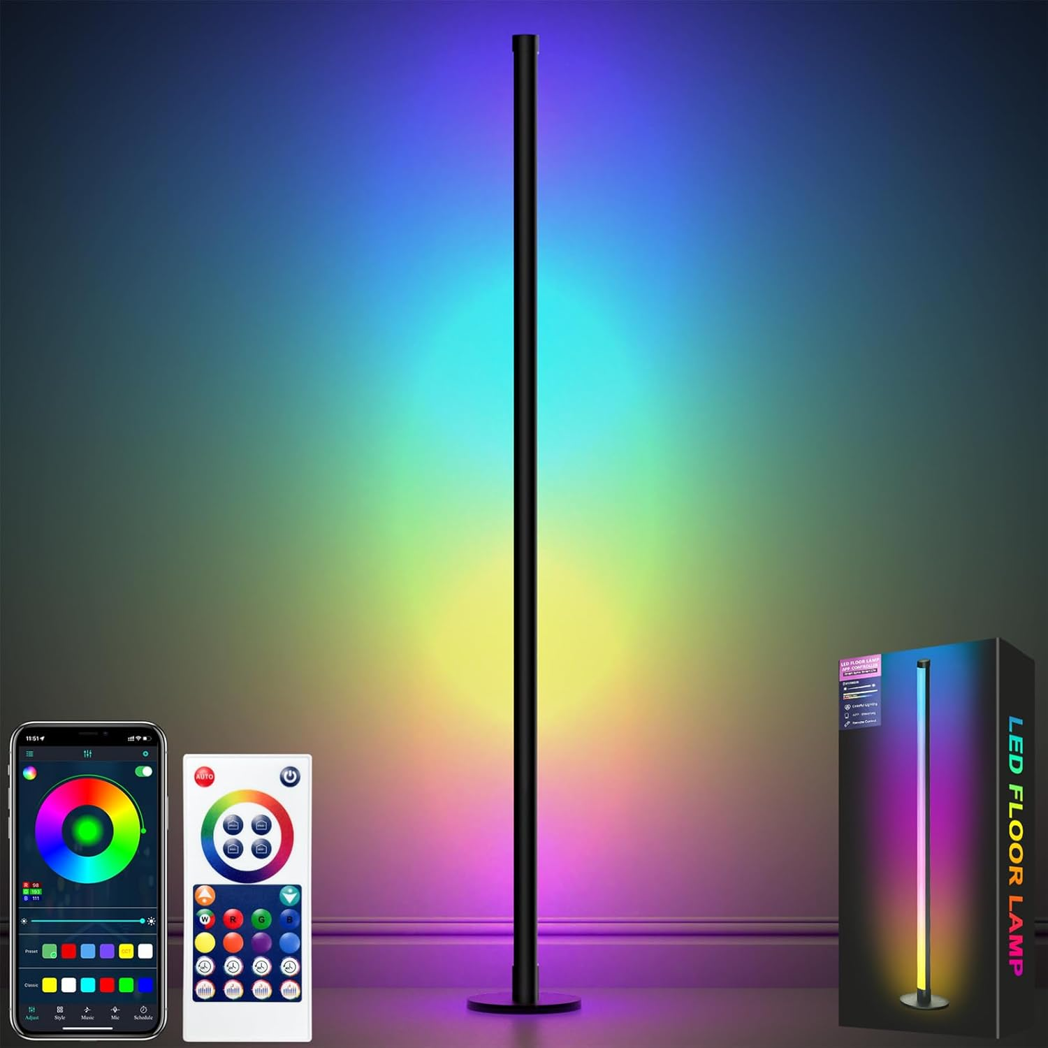 Cozylady 63&rdquo;RGB Floor Lamp, 160Cm LED Corner Lamp with Music Sync,16 Million DIY Colors, Timing, Dimmable Corner Light with App/Remote Control for Living Room Bedroom Gaming Room Decor