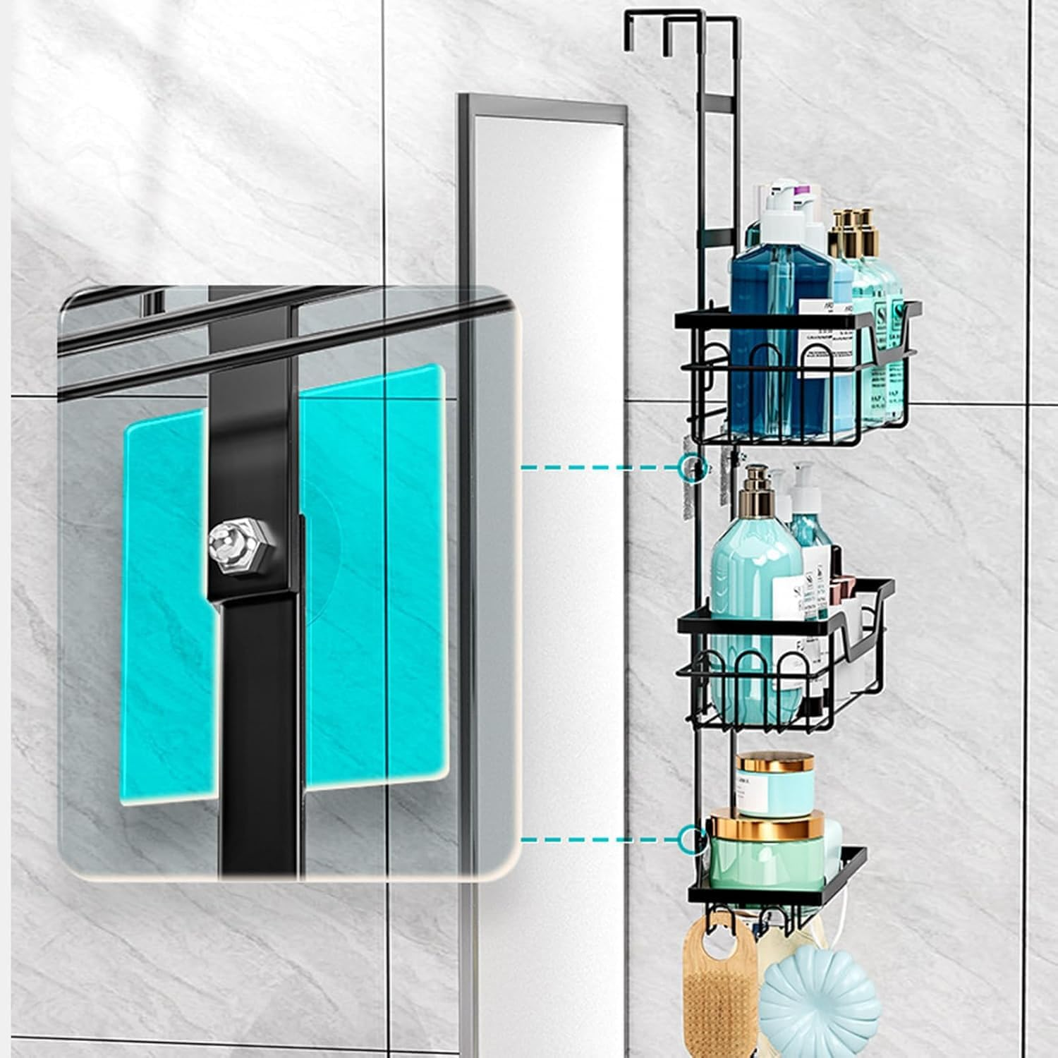 Shengsenfu Shower Caddy Hanging, Rustproof Shower Organizer, over the Shower Head Caddy Hooks for Razor/Sponge, No Drilling Bathroom Storage Shelf Rack Soap Holder, 3-Tier over the Door Shower Caddy image number 6