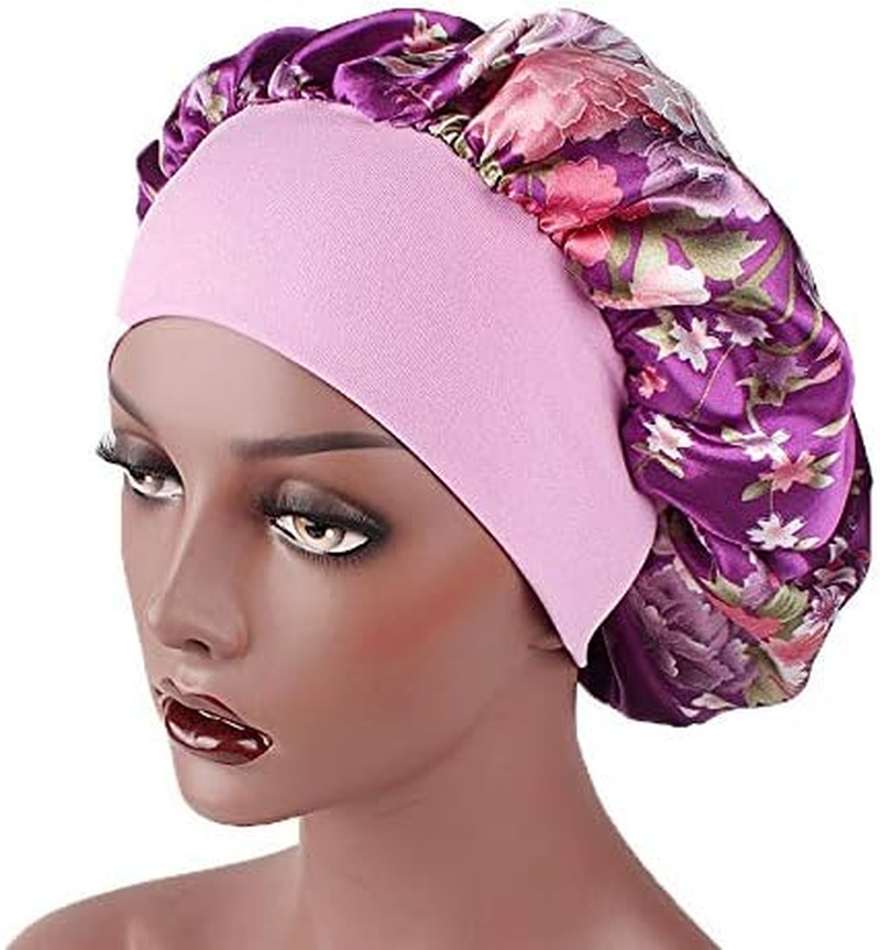 DEPHNARSA 6 Pieces Large Satin Bonnet Sleep Caps Soft Elastic Wide Band Satin Sleeping Cap & Hat Head Cover for Women Hair Loss, Natural Curly Hair Braids - B-Large Printed image number 3