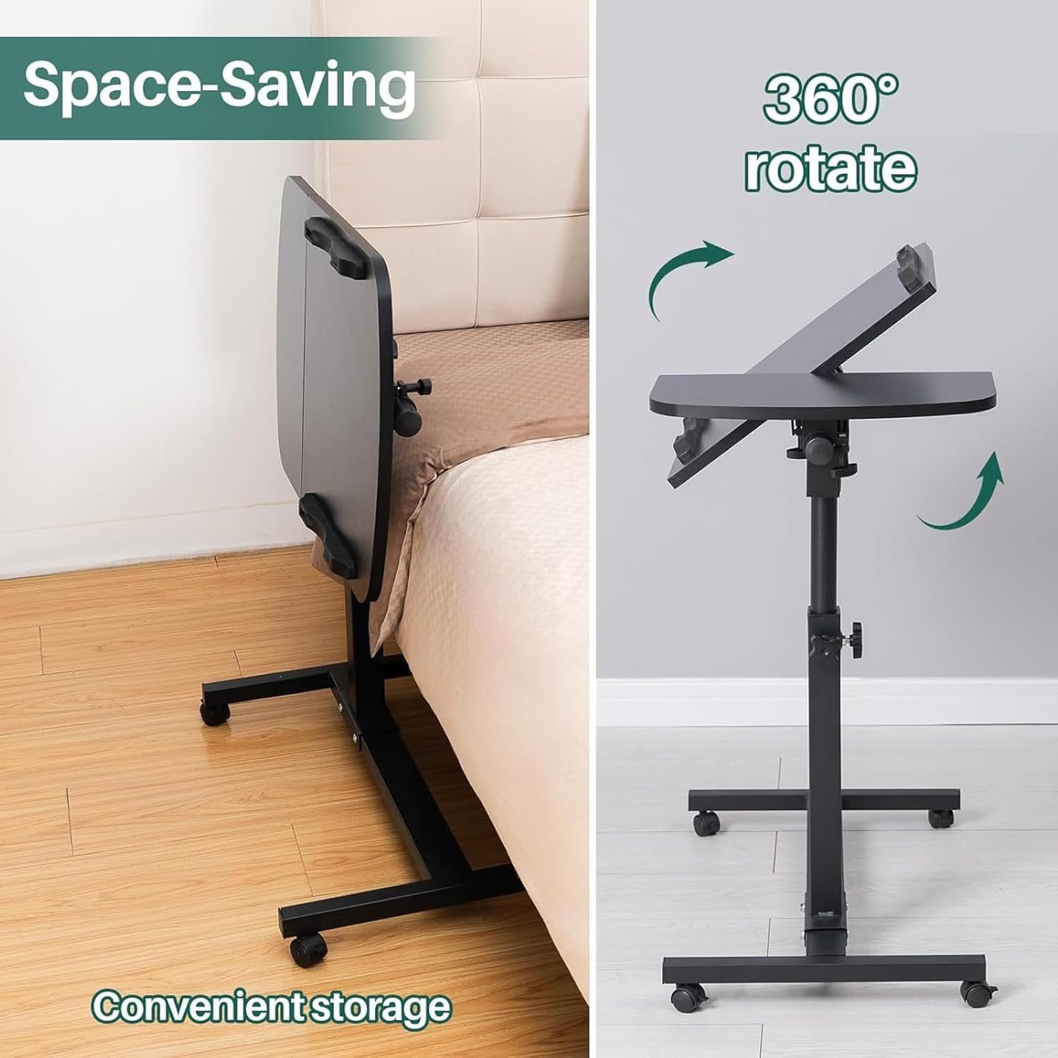 Adjustable Laptop Desk, Adjustable Desk for Bed, 60X40X（60-95） CM Laptop Cart, over Bed Table,Portable 360&deg; Rotating Lockable Caster Wheels Tiltable Table and Laptop Stand（Black） image number 3