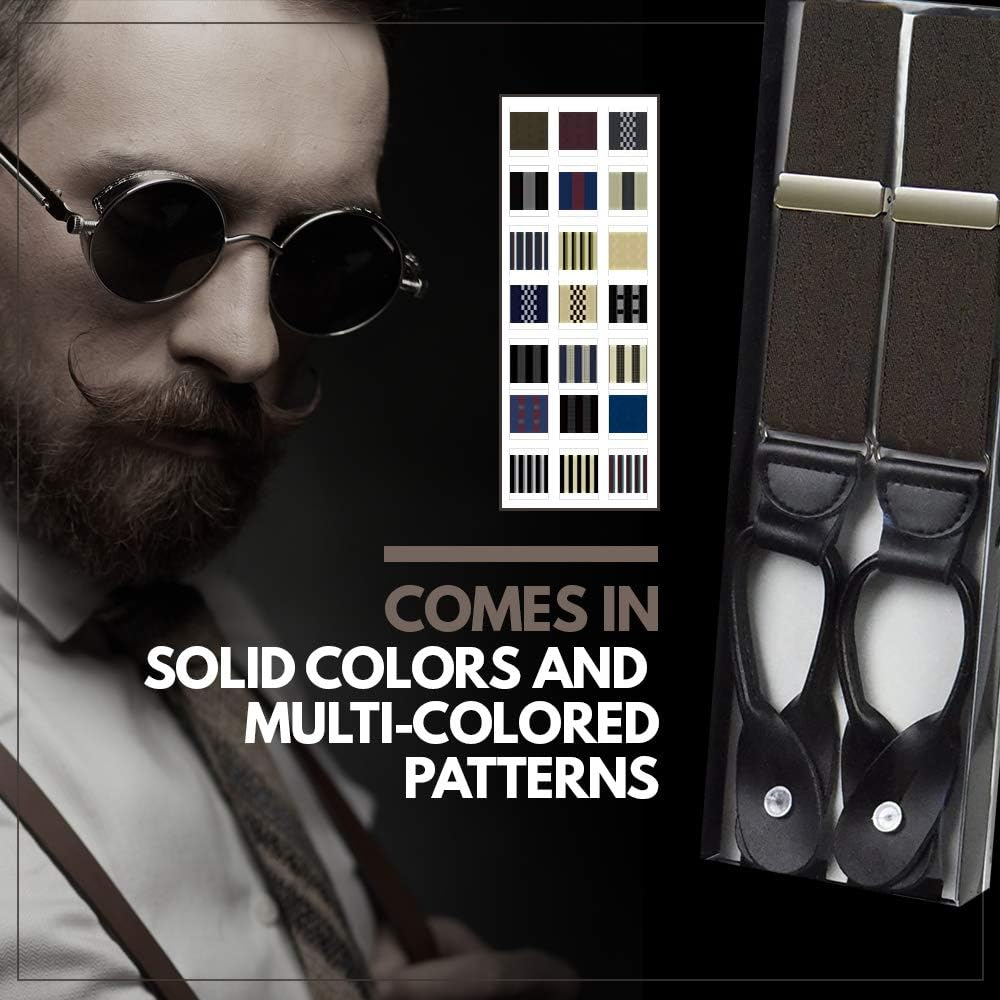Hold'Em 1 &frac14; Fancy Stripes and Solid Suspenders for Men - Y-Back Adjustable Leather Trimmed Button End image number 2