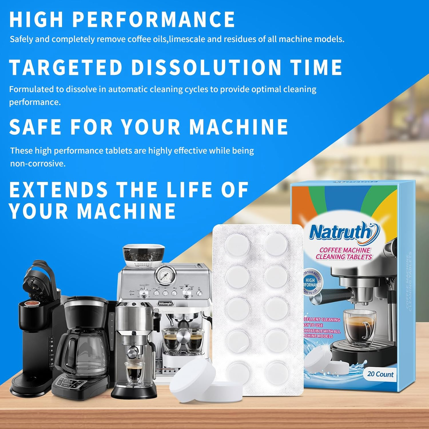 NATRUTH Coffee Cleaning Tablets 20-Pack Coffee Descaler for Espresso Machines,Coffee Makers & Brewers &ndash; Removes Oil,Coffee Residue & Build-Up for Optimal Performance (2G/Capsule)