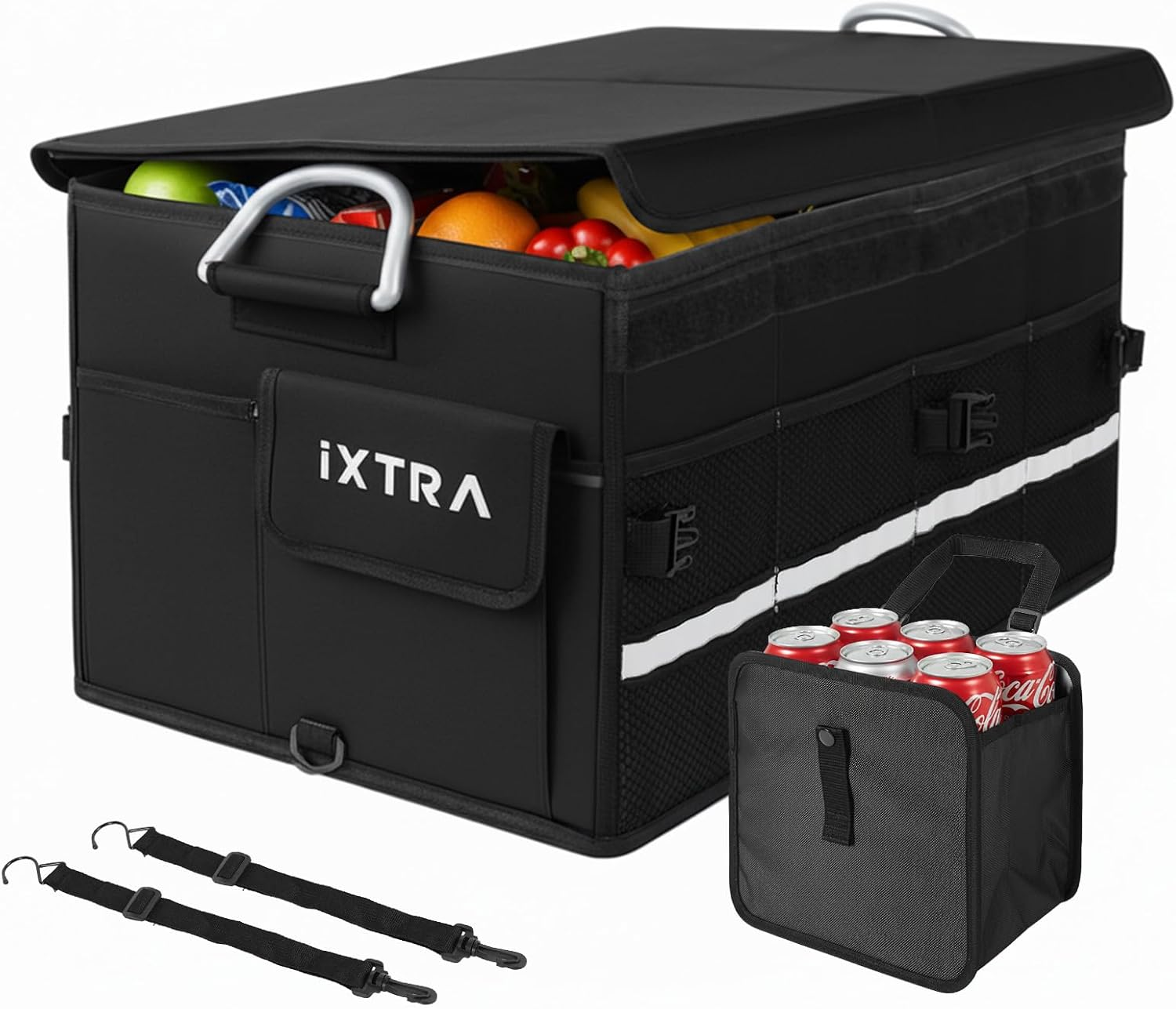 IXTRA Car Trunk Organizer - 55L Collapsible Trunk Storage Box, Waterproof 1860D Oxford with Hard Cover & Securing Straps Boot Organizer, Car Accessories Universal for SUV Sedan Truck (Black)