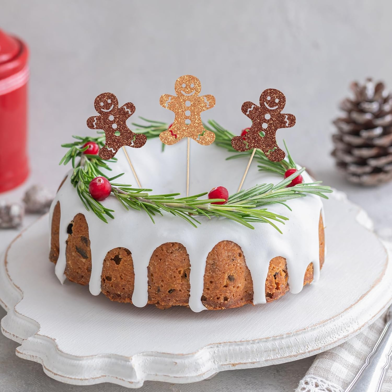 Whaline 48Pcs Christmas Cupcake Topper Glitter Brown Gingerbread Man Cupcake Picks Holiday Food Picks for Xmas Winter Cake Decoration image number 3