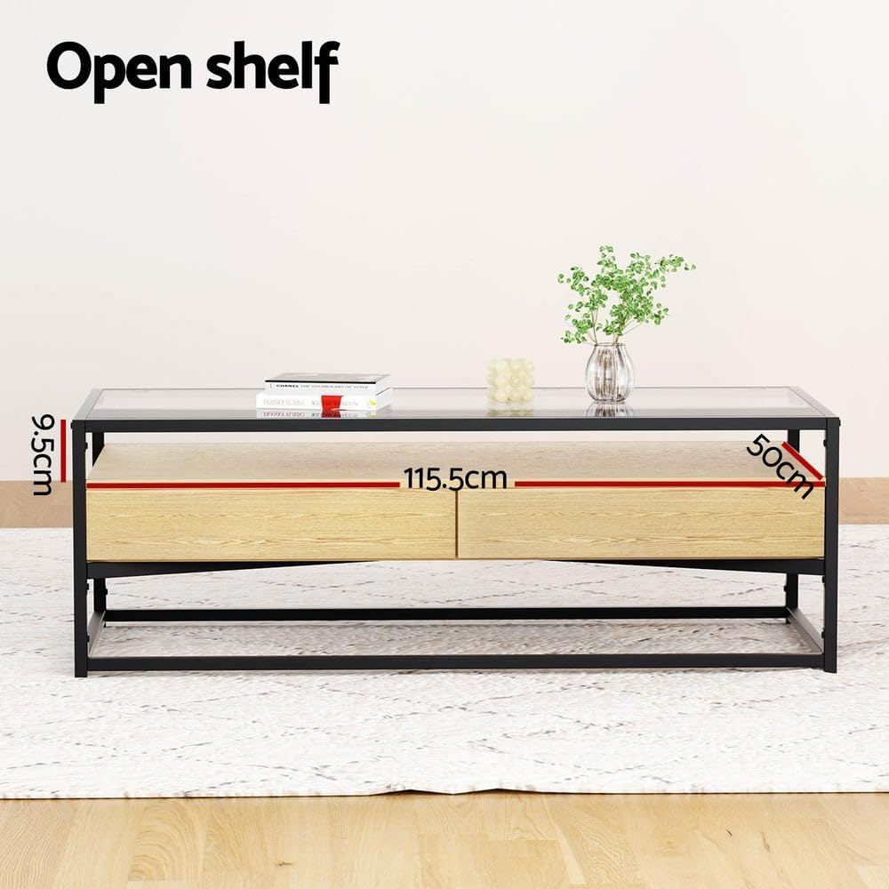 Artiss Coffee Table, Square End Tables 5MM Tempered Glass Tabletop for Home Furniture Living Room, Metal Frame Bedside Storage Modern Design with 2 Drawers Shelf Pine image number 1