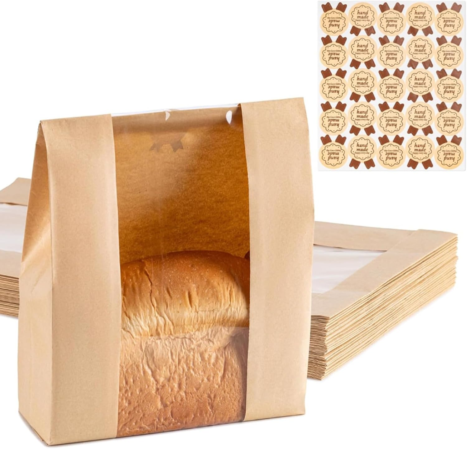 50 Pack Large Paper Bread Bags with Window for Homemade Sourdough Loaves - Bread Bags for Homemade Bread Storage and Gift Giving with Label Seal Stickers image number 1