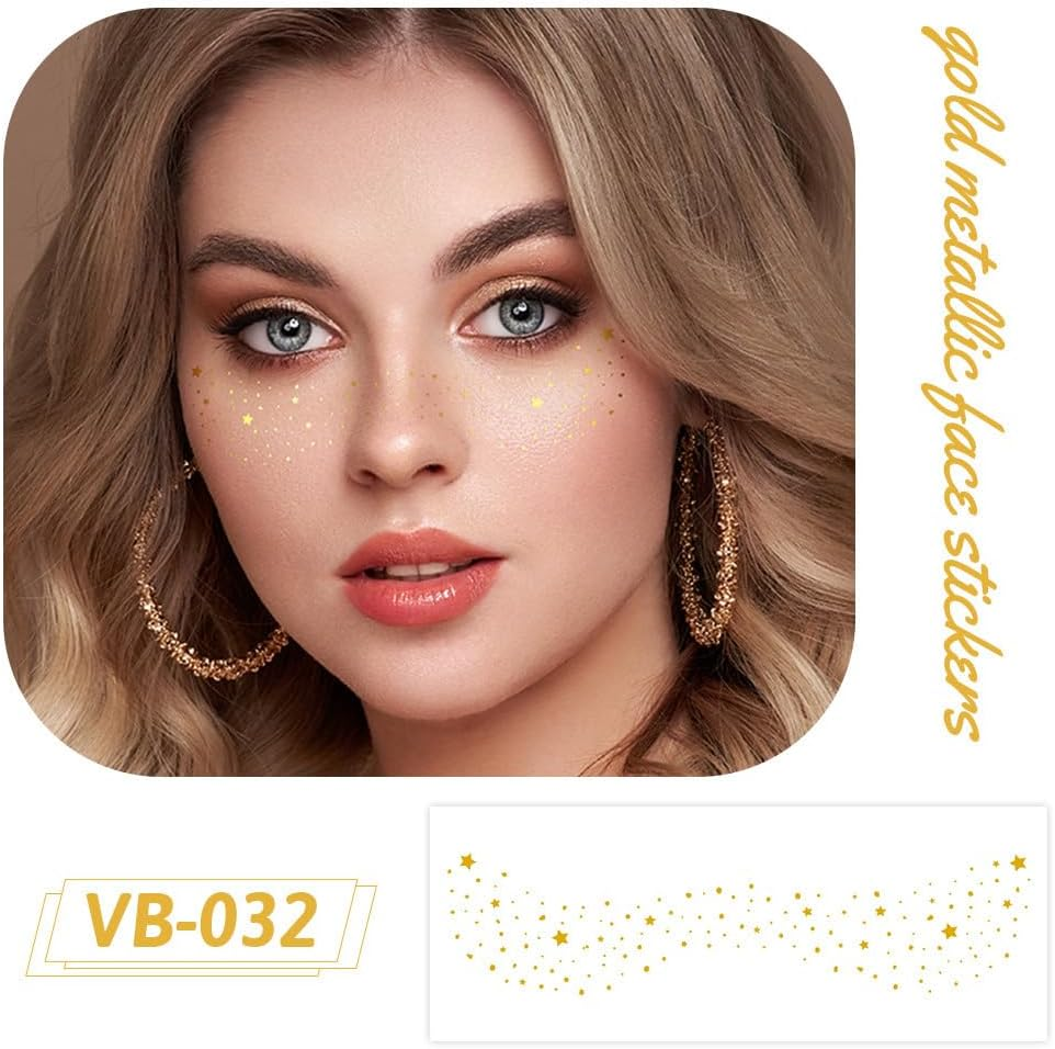 10 Sheets Glitter Freckles Face Tattoo, Sparkle Freckles for Women, Face Waterproof Glitter Speckles Patches, Used for Professional Makeup, Party Gathering Gold