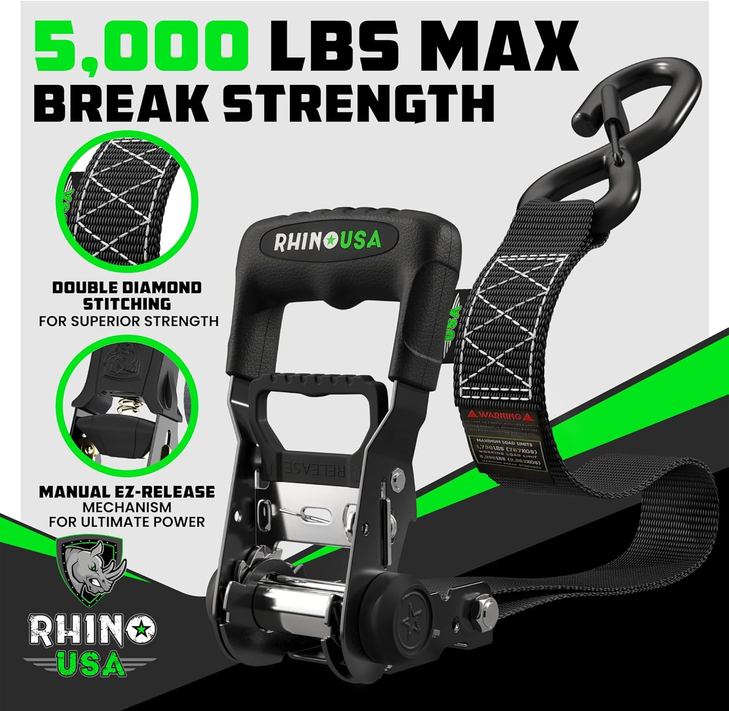 Rhino USA Ratchet Straps Heavy Duty Kit (4-Pack) - 1.6 Inch X 8 Feet (5,208Lb Break Strength) - Ultimate Tie down Straps with Safety S Hooks for Trucks, ATV, UTV, Motorcycle, Cargo & More - Black image number 4