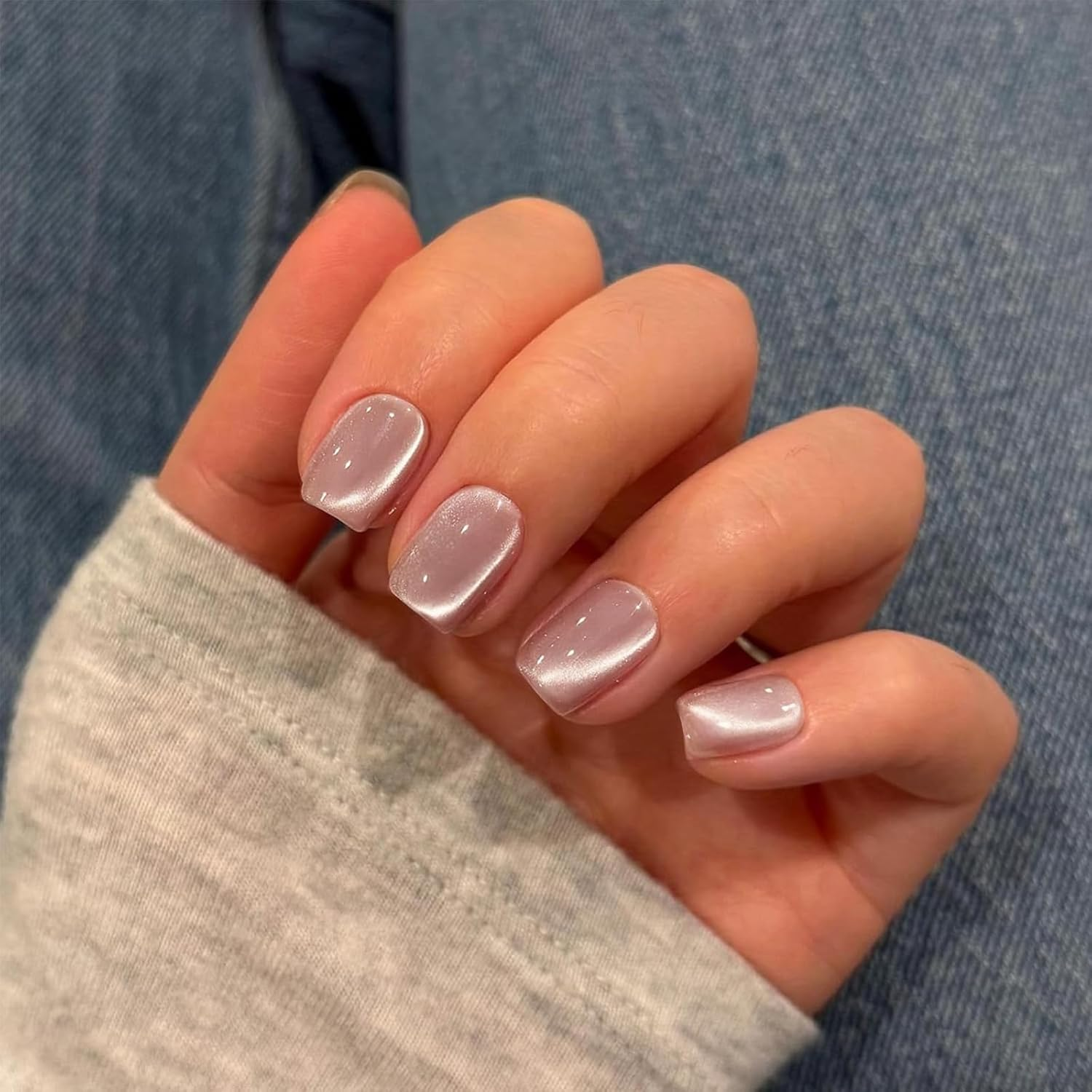 Qioon 24 Pcs Short Square Cat Eye Press on Nails, French Nude Glitter Fake Nails, Full Cover Stick-On False Fingernails with Adhesive Tabs for Women and Girls image number 1