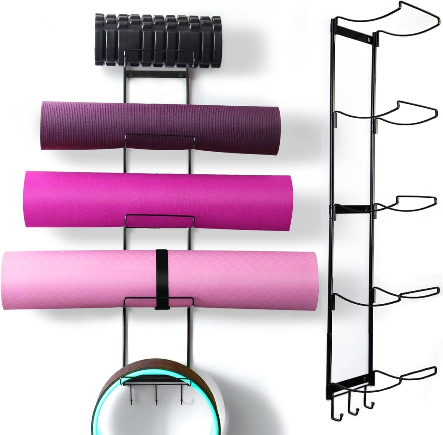 5-Tiers Yoga Mat Holder Wall Mount, Metal Storage Rack for Mat/Wheels, Foam Roller and Block, with 3-Hooks for Hanging Stretching Strap, Resistance Bands, Accessories