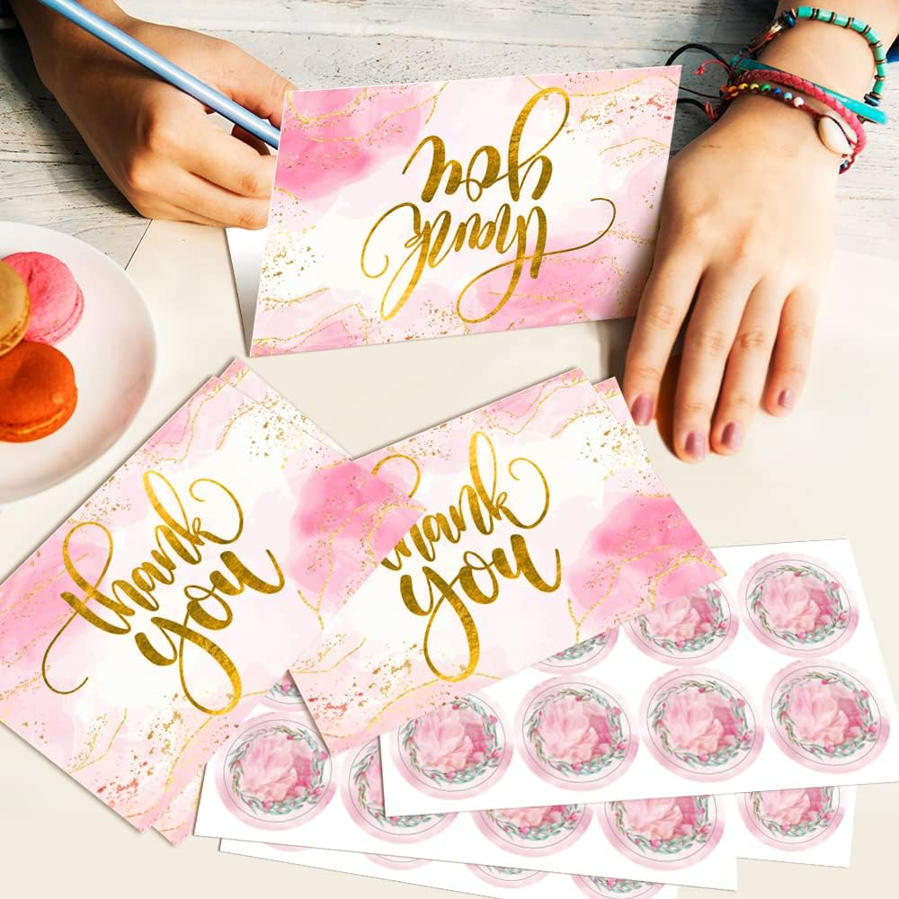 40 Marble Thank You Cards with Envelopes | Gratitude Thank You Cards Bulk | Pink and Gold Foil Thank You Notes Perfect for Girl&rsquo;S Baby Shower, Wedding & Bridal Showers | Pink Envelopes & Floral Stickers Included - Gold,Pink image number 3
