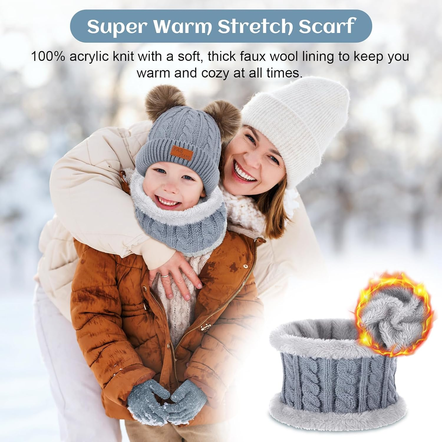 Kids Hat Scarf Gloves Set, 3 in 1 Winter Pom Pom Hat Scarf Gloves Set for Girls Boys, Thermal Knit Thick, Kids Winter Warm Beanie Hat Scarf Gloves Set for 1-5 Toddler Outdoor Activities image number 5