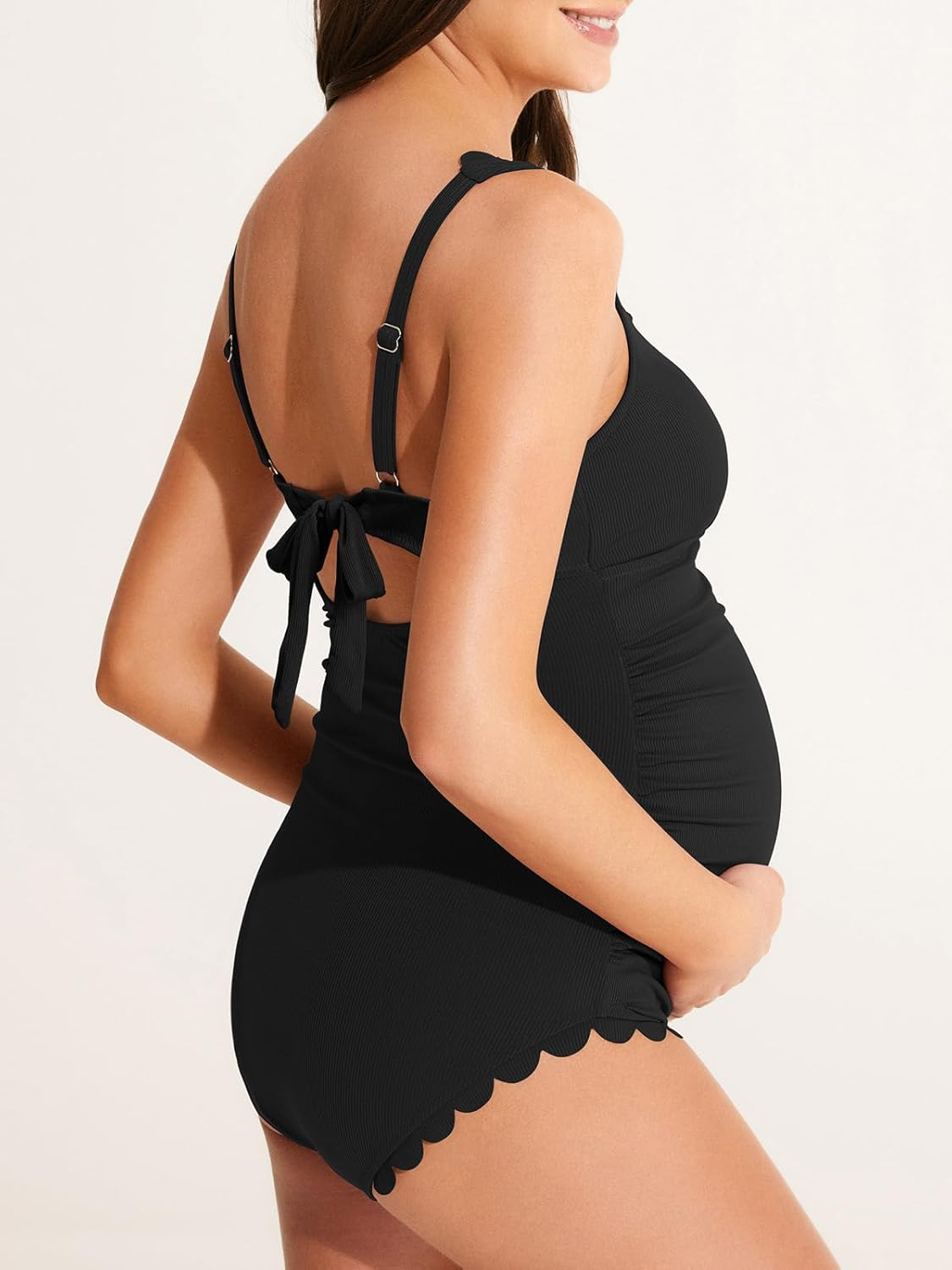 Summer Mae Scalloped Maternity Swimsuit One Piece Ribbed Maternity Bathing Suit Cutout Ruched Pregnancy Swimwear Tie Back