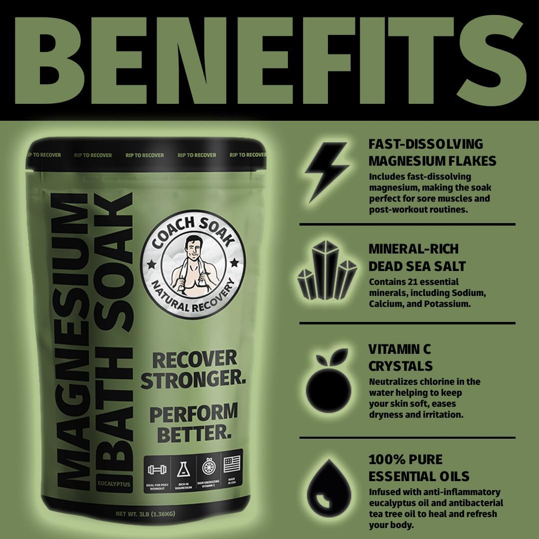 Coach Soak: Muscle Recovery Bath Soak - 1360G Natural Magnesium Relief Bath Salt - 21 Minerals, Essential Oils & Dead Sea Salt - Absorbs Faster than Epsom Salt (Eucalyptus Tea Tree) image number 5