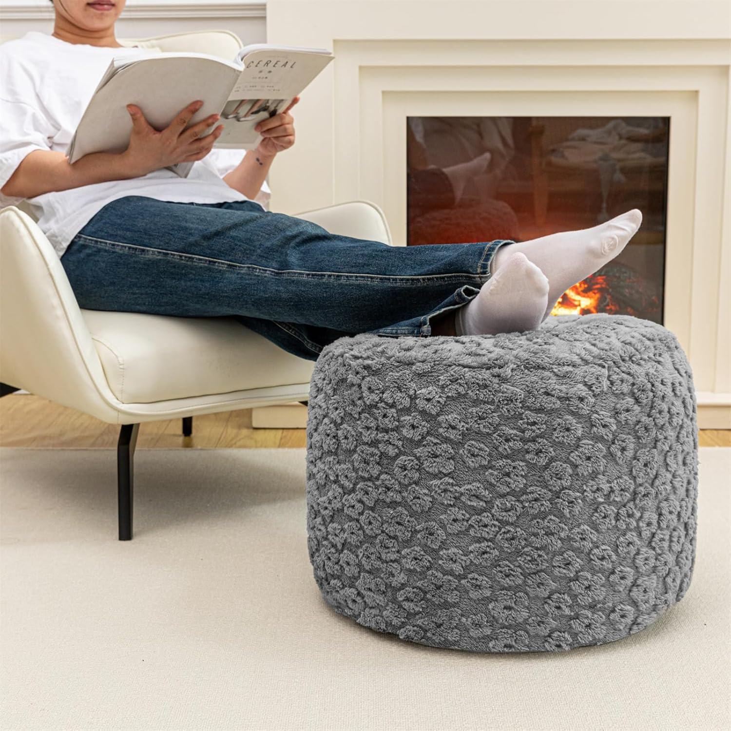 Stuffed Pouf Ottoman Comfy Floral Ottoman Foot Rest for Living Room Bedroom Kids Room Charm Floor Pouf for Home Decor Full Foam Filling Foot Rest for Couch (Dark Gray)