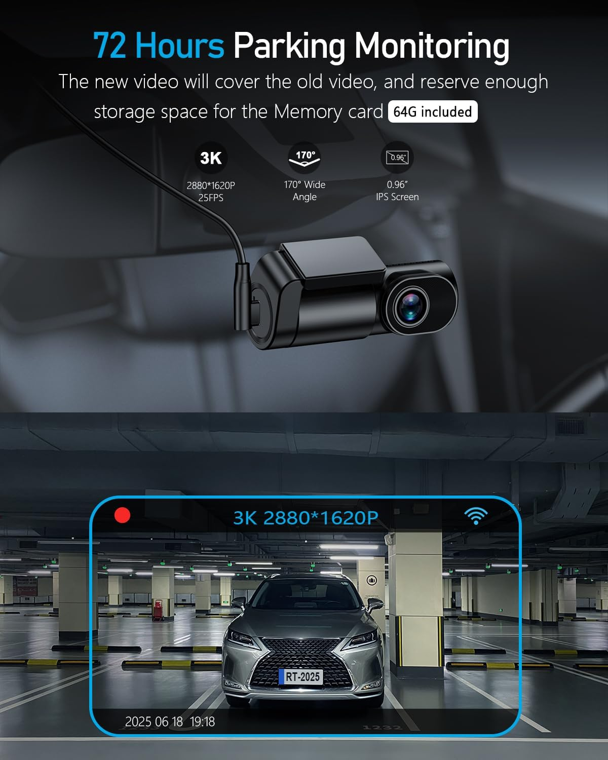 Range Tour 3K Dash Cam Front Wifi Car Camera with 64G Card and 3-Core Hardwire Kit for 72 Hours Parking Monitor, 0.96" Display Driving Recorder, APP Control, HDR 2.0, Loop Recording, Night Vision image number 5