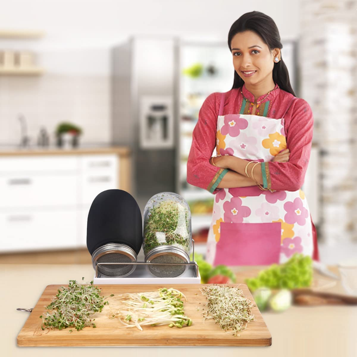 Complete Mason Jar Sprouting Kit. 2 Wide Mouth Quart Sprouting Jars with 316 Stainless Steel Sprouting Lids, Drip Tray and Stand image number 5