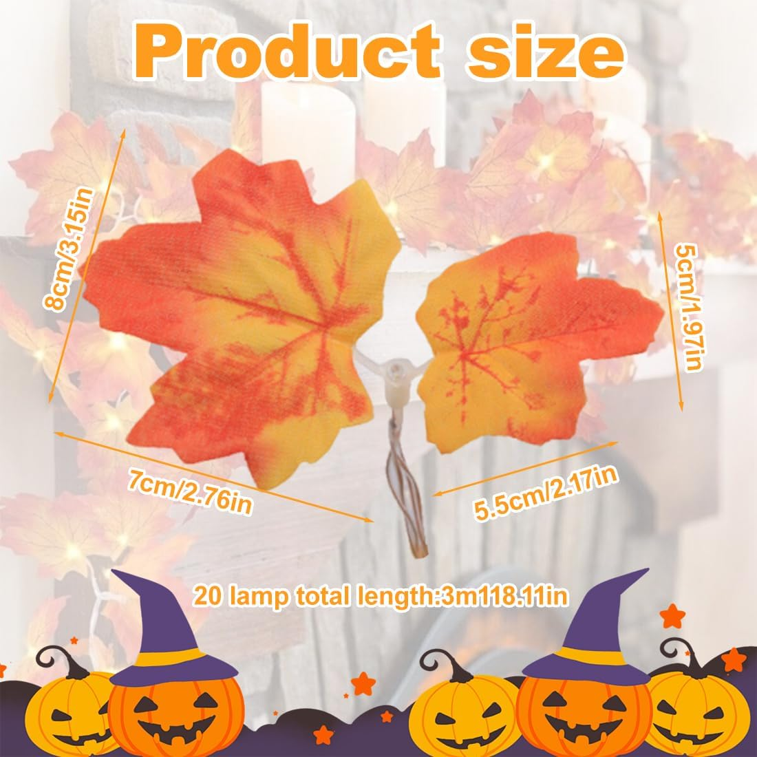 WUSJCOF 20 LED Autumn Decorative Fairy Lights, Halloween Fairy Lights, Maple Leaves Fairy Lights for Halloween, Autumn Decoration, Thanksgiving, Christmas image number 3
