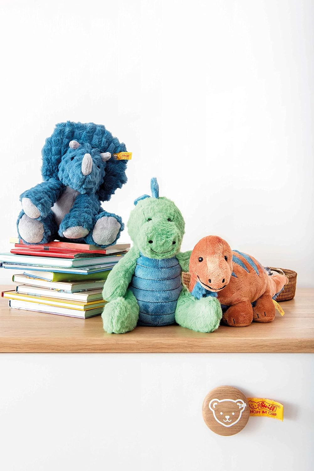 Steiff 087806 Original Dixi Triceratops Soft Cuddly Friends Cuddly Toy Approx. 28 Cm, Plush with Button in Ear, Cuddly Friend for Babies from Birth, Petrol Blue image number 1