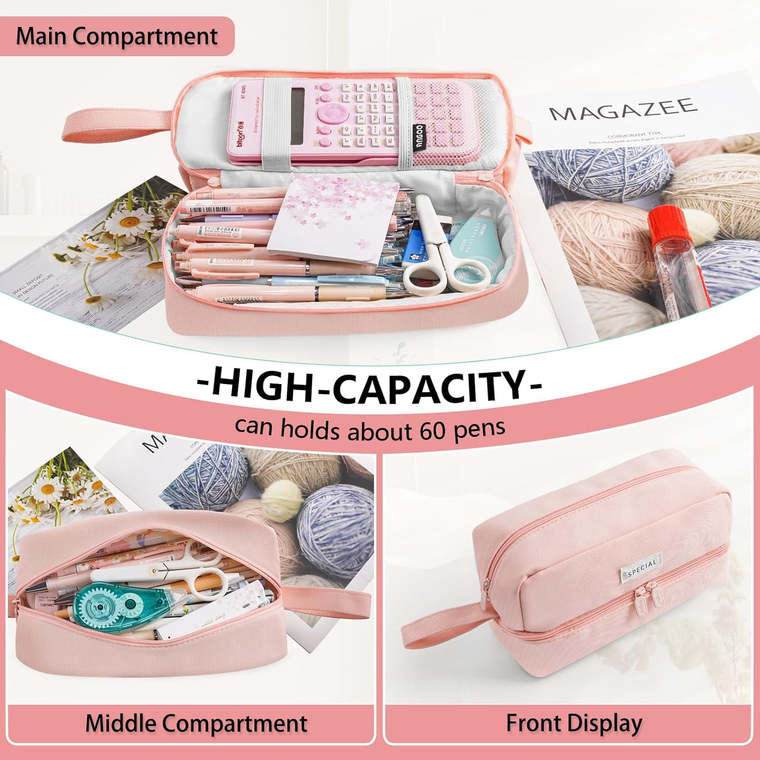 Pencil Case, Large Pencil Case with 2 Compartment, Pink Aesthetic Pen Bag with Double Zippers, Back to School Supplies for Kids Adult Boys Girls Student image number 4