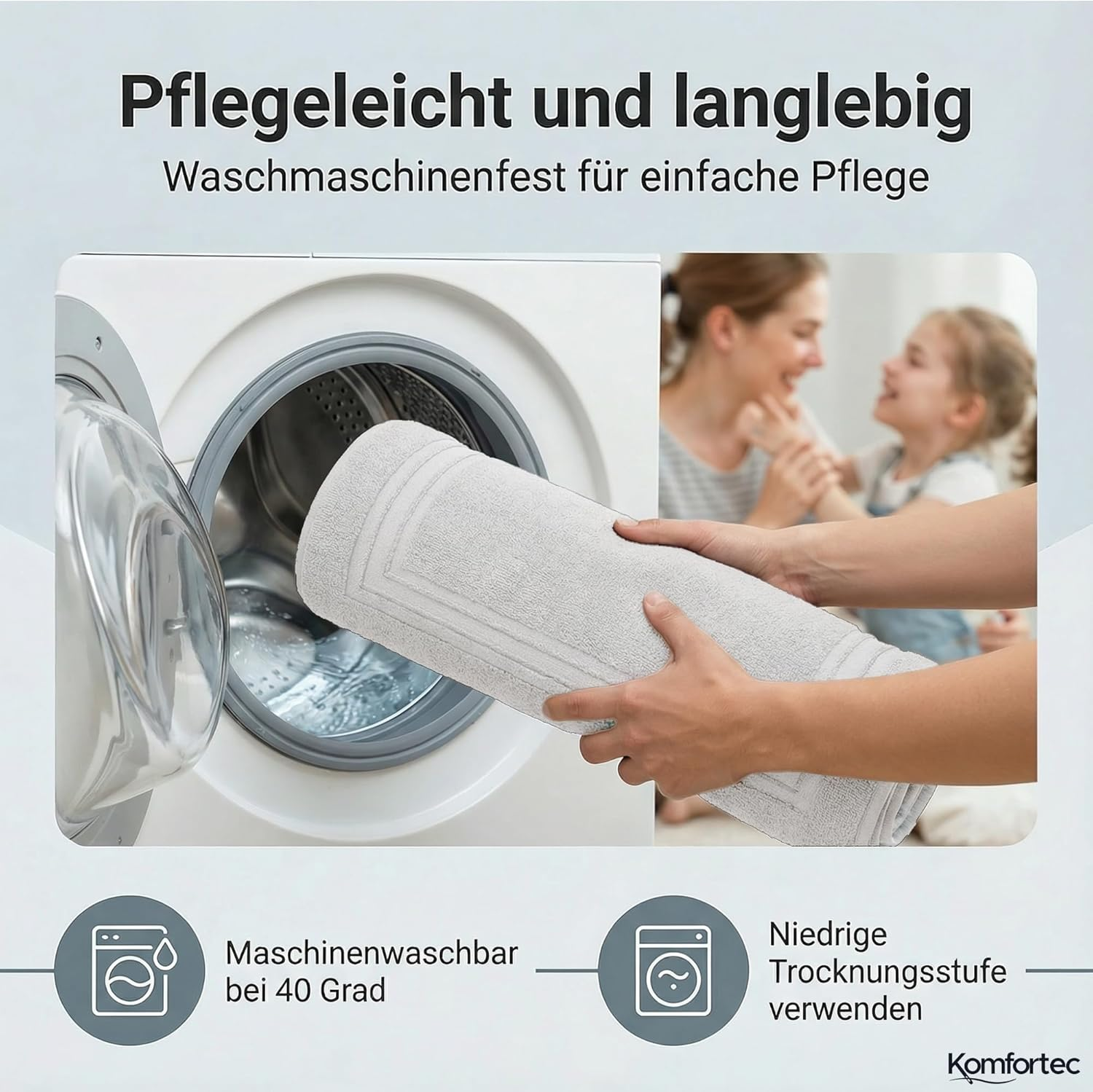 Komfortec Bath Mat Set, 2 Pieces, Terry Cloth Shower Mat, Washable Shower Mat & Bath Mat, 600 G/M&sup2; & 100% Cotton, Absorbent & Quick Drying, 50 X 70 Cm, White image number 3