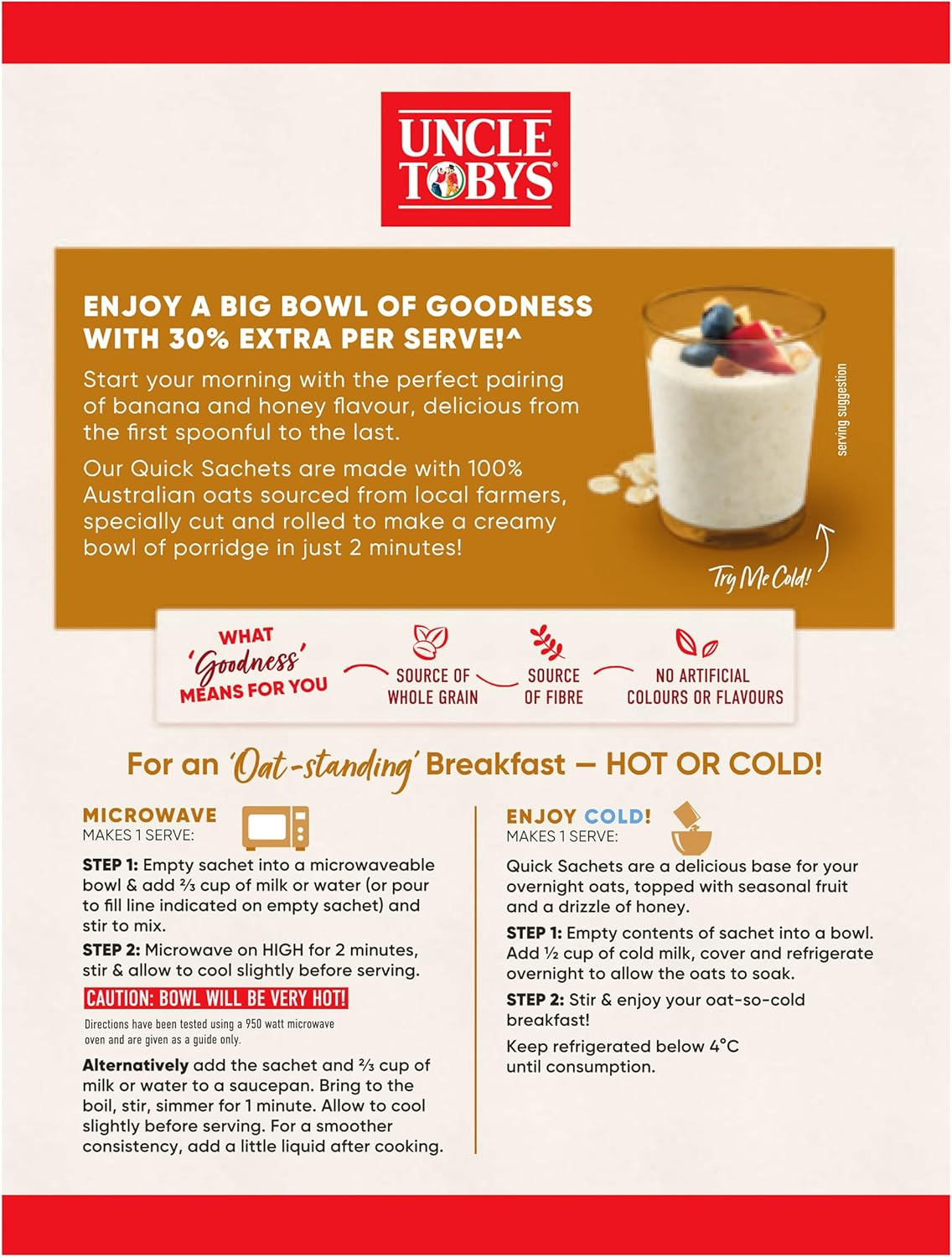 UNCLE TOBYS Oats Quick Sachets Banana and Honey, Big Bowl, 8 Sachets image number 4