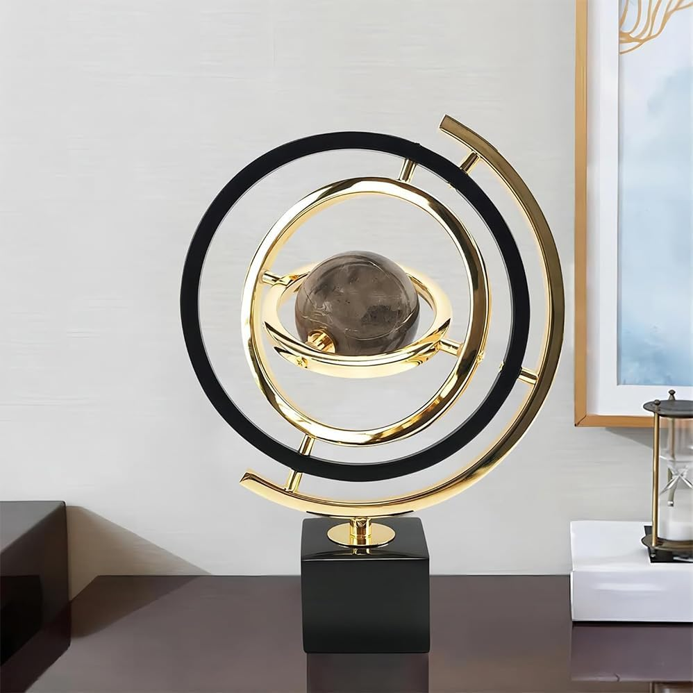Decorative Statues, Modern Orbital Planet Sculpture Gold and Black Metal round Frame. Alloy Base. Flexible Rotating Desktop Abstract Globe Ornament. image number 1