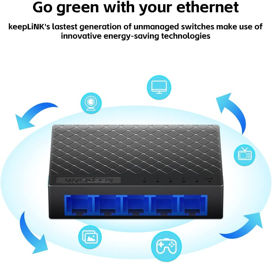Keeplink 5 Port Gigabit Ethernet Switch, Unmanaged Desktop or Wall Mount Network Splitter, Plastic Case, Plug and Play with 2 Pcs 3.28Ft Cat6 Ethernet Cable image number 6