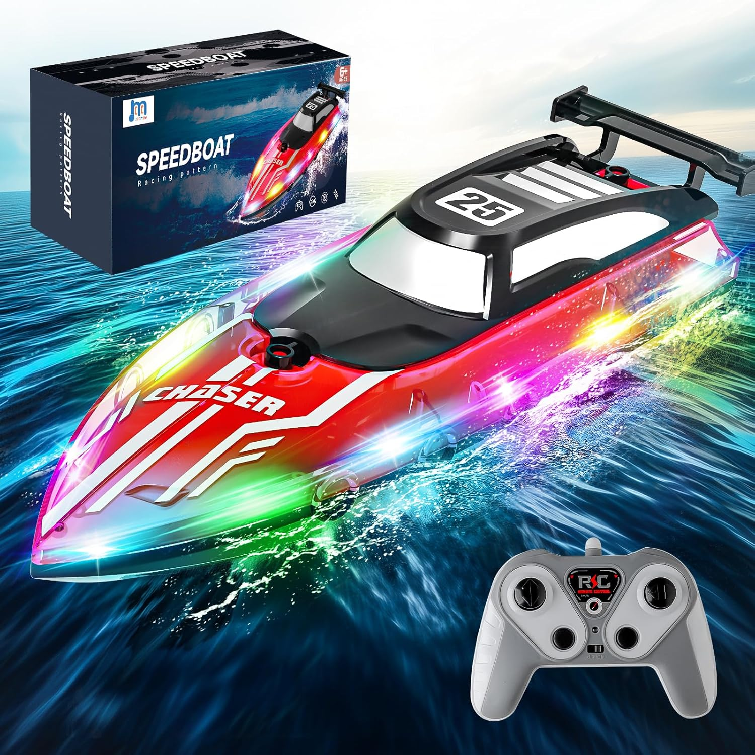 RC Boat with Dazzling LED Lights & US Flag,2.4Ghz Remote Control Racing Boats for Kids 8-12,Toy Water Boat for Pools and Lakes with Waterproof for Boys Girls RED image number 3