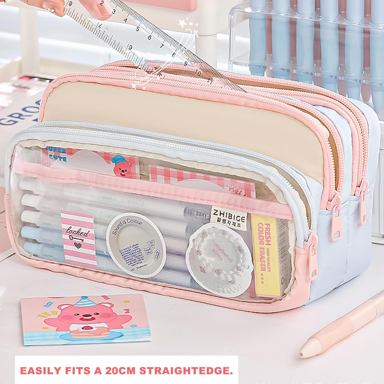 Pencil Case Large Capacity Aesthetic Pencil Case with 4 Compartments Zip Smoothy Pencil Case for Middle School College Office Student Girls Gift, Blue and Pink, Pencil Case image number 5