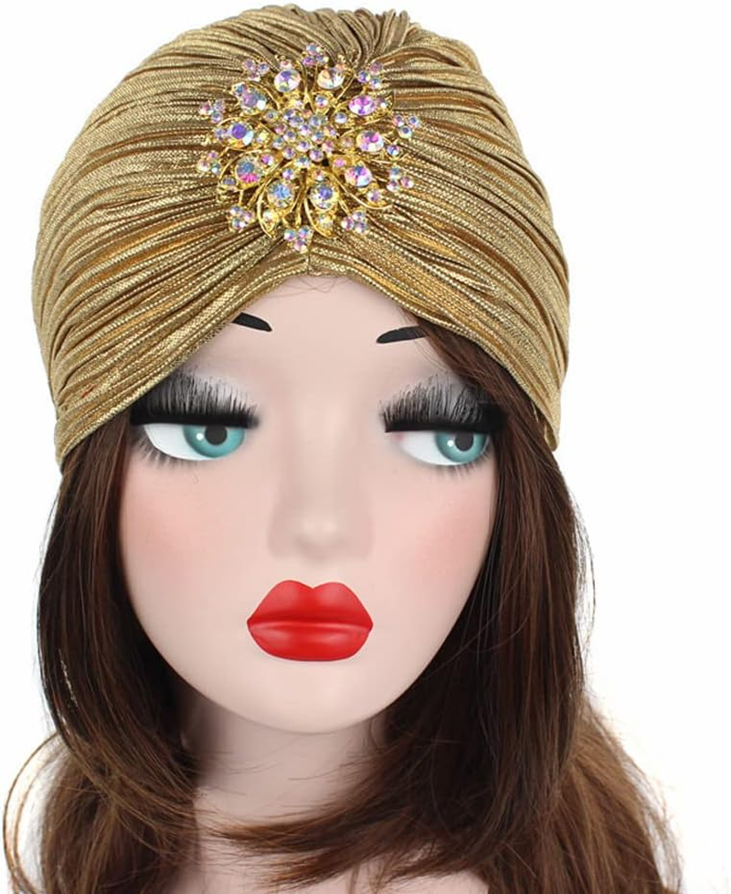 Women Vintage Turban Hat with Rhinestones Flower Decoration Beanie Cap Headwrap for 1920S Gatsby Costume Cocktail Party - Dark Gold image number 2