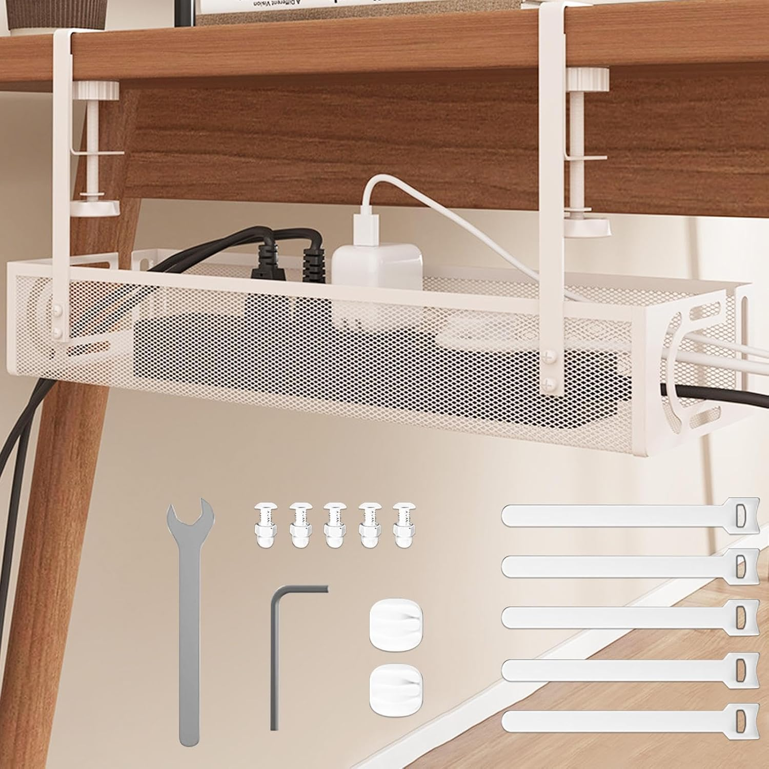 Under Desk Cable Management Tray,No Drill Mesh Desk Cables Trays with Clamp,Wire Managements Tray Cabl-E Management Box,Desk Cable Tray Wire Organizer for Office, Home(White)(White) image number 2