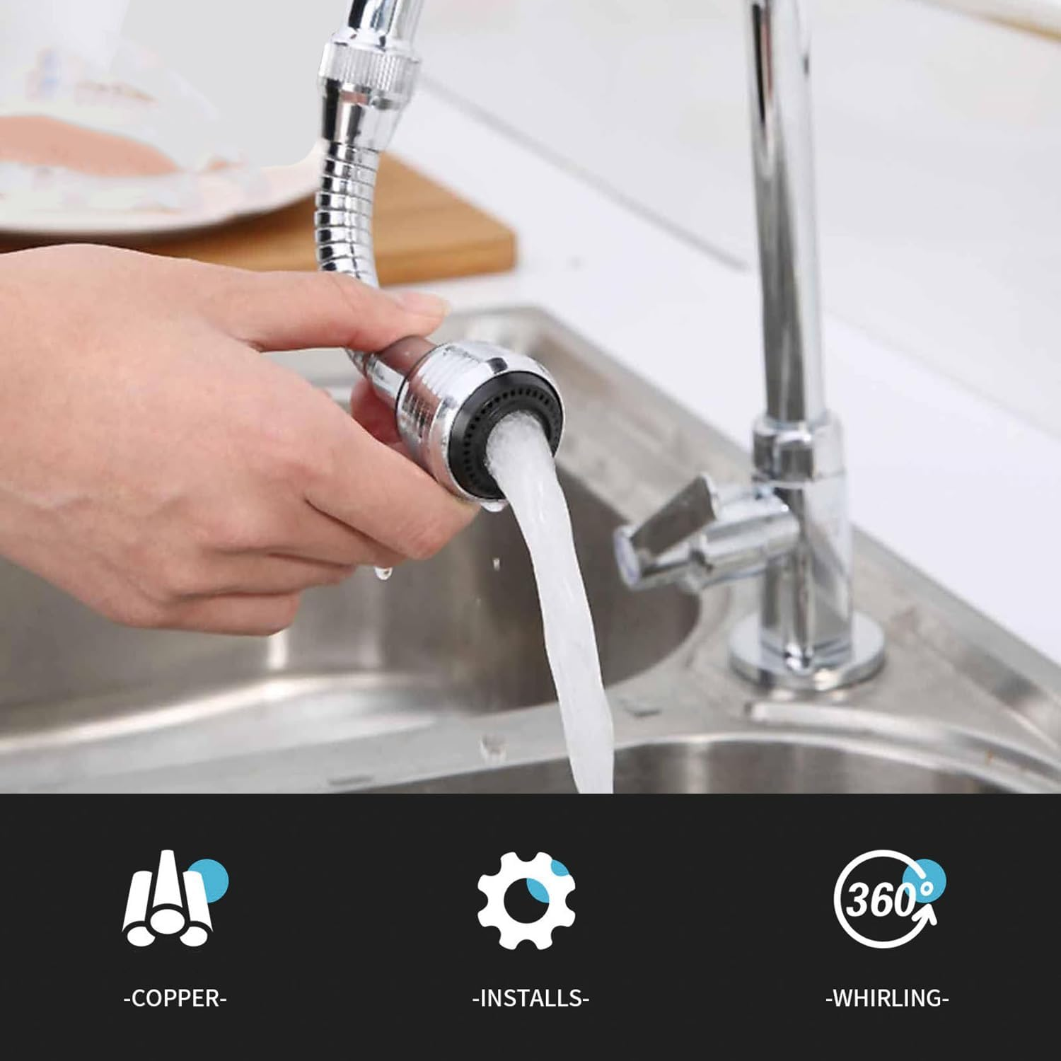 Kaoruo 360 Degree ABS with Universal Connector for Kitchen Sink Hot and Cold Water Faucet Sprayer Attachment Flexible Faucet Extender Aerator image number 4