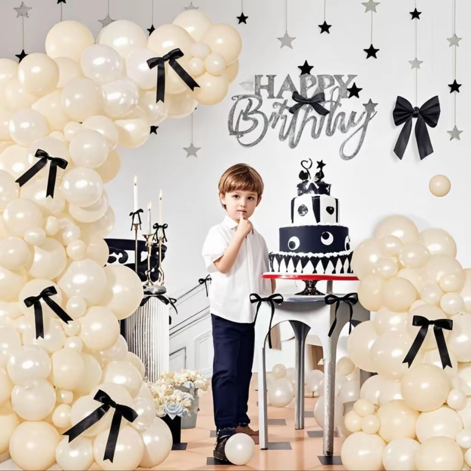 141 Sexy Birthday Decorations, Beige Balloon Arch Set, Pearly White Balloons and Black Bow Wedding Baby Shower Gender Reveal Black Bow Birthday Decorations (Beige) - Black + Beige image number 5