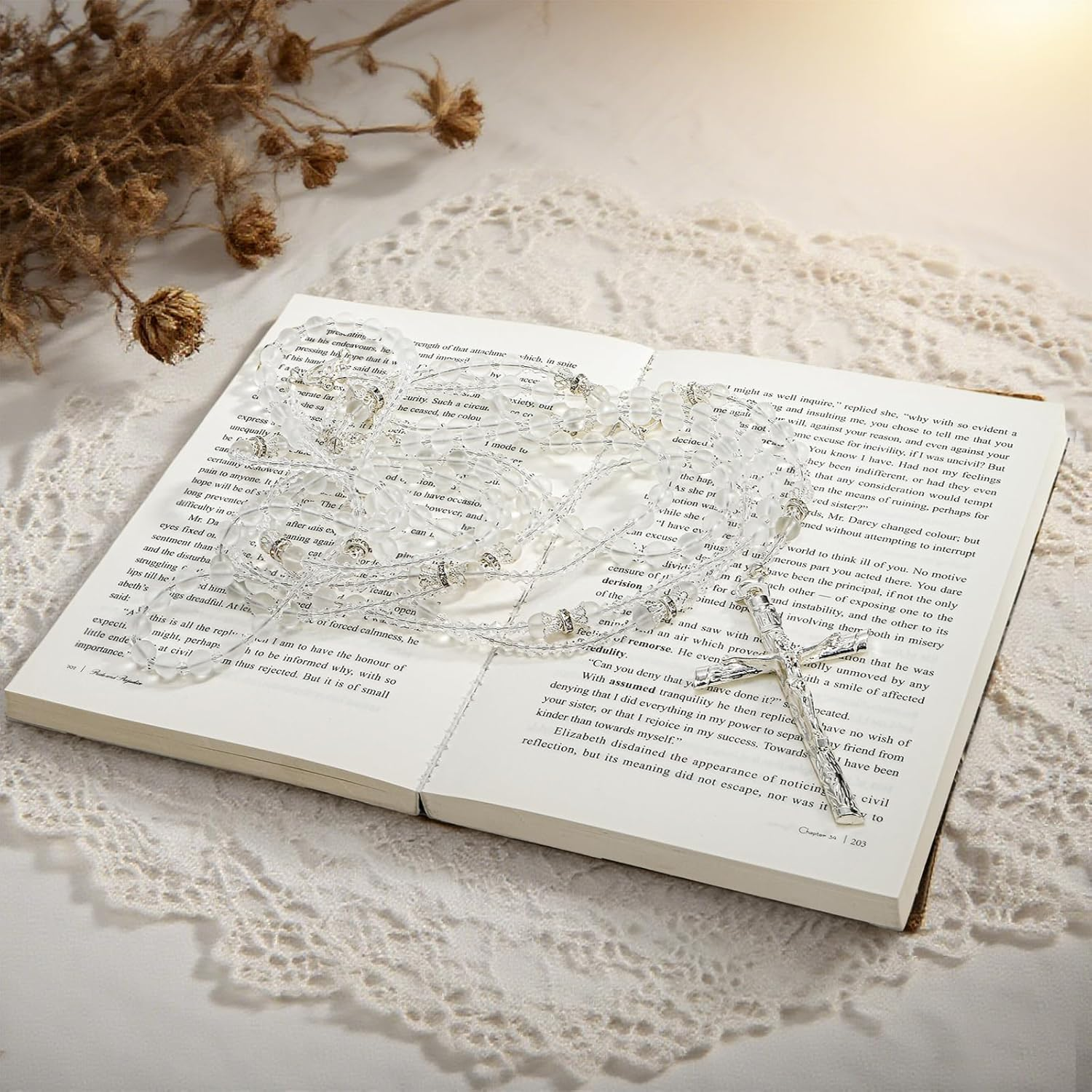 Noamus Lazo De Boda, Wedding Lasso for Ceremony, Handcrafted Lazo Para Boda Catolica, Lazos Para Bodas De Iglesia Para Novios, Crystal Bead Rosary with Unity Cross for Matrimonio (Plateado) image number 3