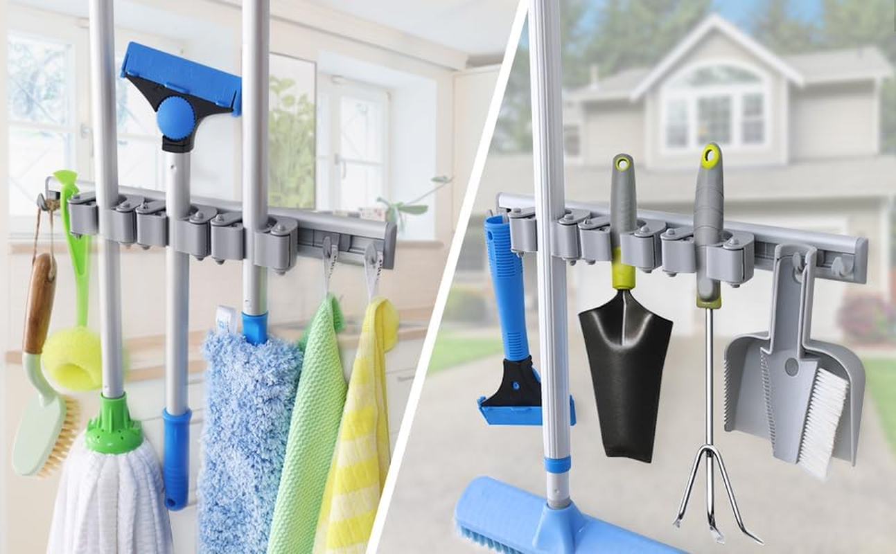 Drdirt Broom Holder Wall Mount, 14.5-Inch, 3 Sliding Grippers, 4 Hooks, Heavy Duty for Home, Kitchen, Bathroom, Laundry, Garage, Gray image number 5