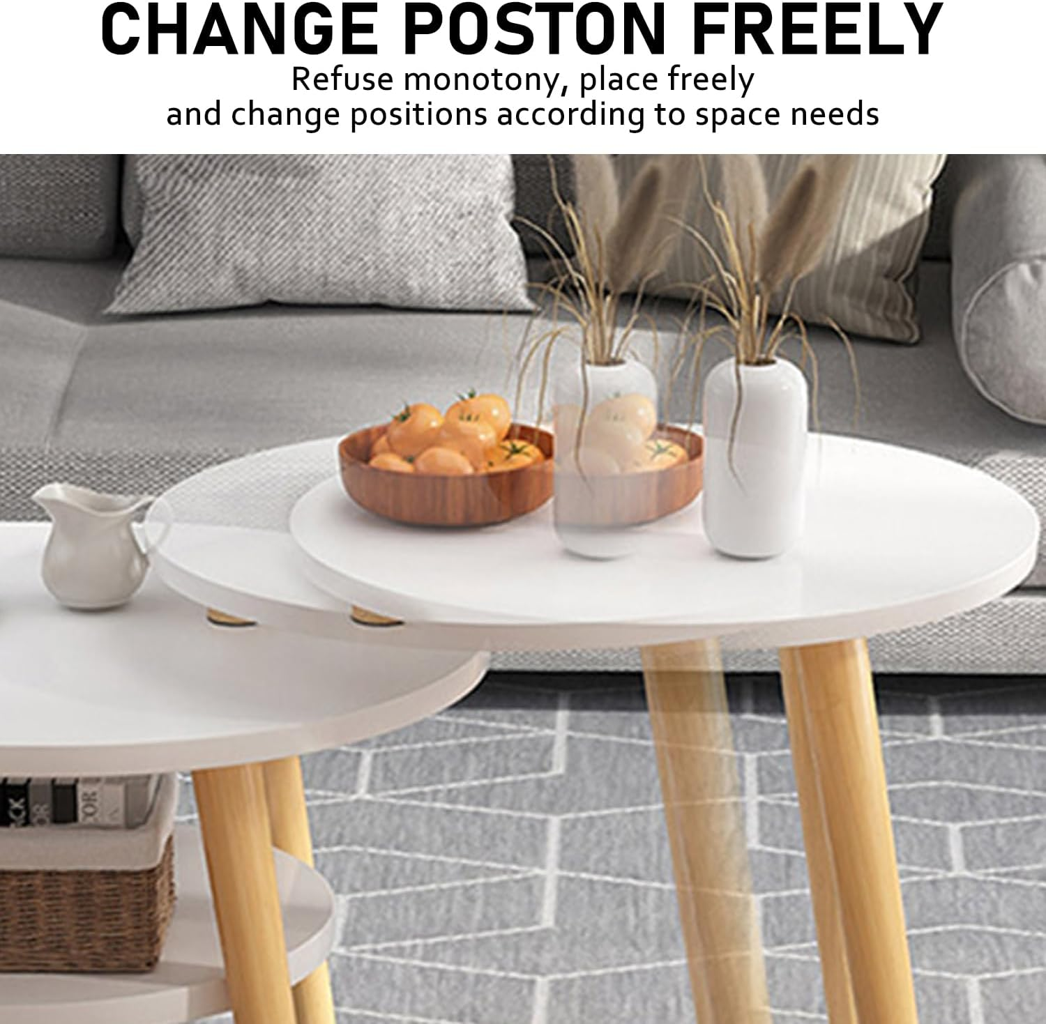 Uandhome Coffee Table-Oval Wood Coffee Table with Open Shelving for Storage and Display 2 Tier Sofa Table, Small Modern Furniture for Living Room&Home (Light Oak) - Light Oak image number 3