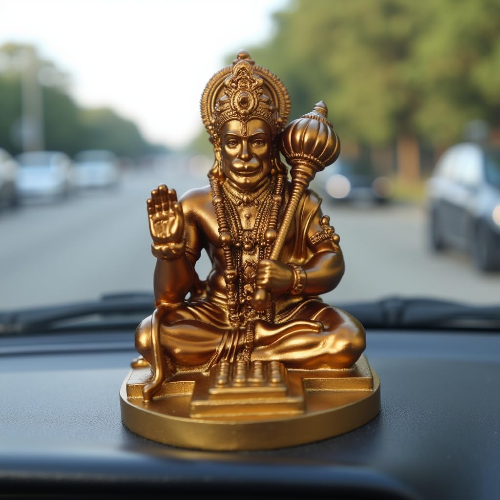 Hanuman Idol for Car Dashboard, Home, Office Desk &ndash; Hanuman Murti for for Pooja, Temple Showpiece, Decoration, Festivals and Gifting. (Golden, 9Cm) image number 4