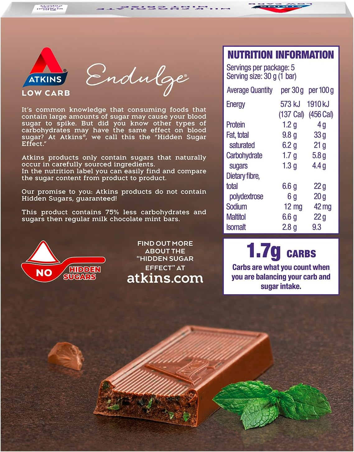 Atkins Endulge Low Carb Milk Chocolate Mint Crisp Bar 30 G (Pack of 5)
