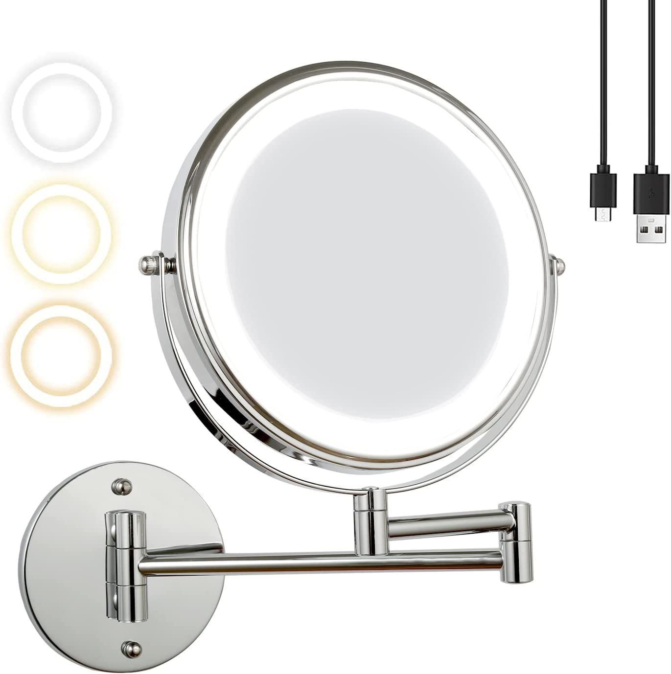 Rechargeable 8 Inch Lighted Wall Magnifying Makeup Mirror with 3 Color Lighting Modes Magnified Double Sided 10X Magnification LED Vanity Mirror with Dimmable Lights image number 4